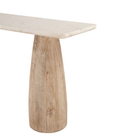 Dessus en marbre blanc luxueux et base en bois blanchie à la chaux élégante Table console Palm Springs en pieds en bois de manguier massif pour salle de séjour