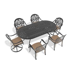 Set da Pranzo in Alluminio Pressofuso per Tutte le Stagioni, 7 Pezzi con 2 Sedie Girevoli e 4 Sedie da Pranzo, Tavolo Ovale con Telaio Nero per Giardini - Product Image 3