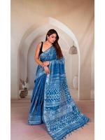Saree Linen Cetak Tangan Murni dengan Blus Senada, Pewarna Alami, Buatan Tangan, Pakaian Etnis India, Cetak Bebas Bahan Kimia, Cepat