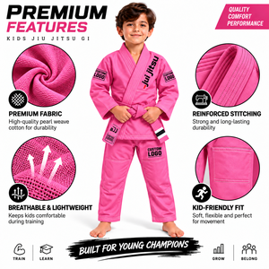 Kids <b>Pink</b> BJJ Gi <b>Kimono</b> 100% Cotton Custom Logo Breathable Lightweight Regular Fit for Children Martial Arts Wear - Product Image 1