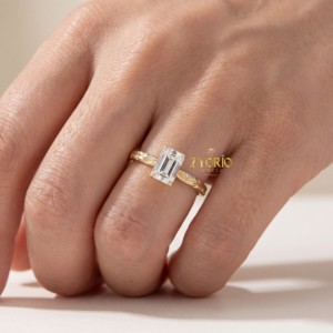 925 Sterling <b>Silver</b> <b>Emerald</b> Cut Lab Grown Diamond Engagement <b>Ring</b> Nature Inspired Engraved Leaf Shank Wedding <b>Ring</b> Women - Product Image 2