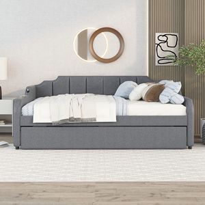Divano letto con rivestimento grigio Full Size con Trundle e Design di ricarica USB - Product Image 3