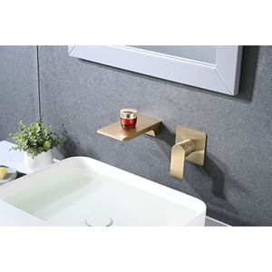 Rubinetto a Cascata Monocomando Oro Spazzolato da Parete per Lavabo Bagno - Product Image 3