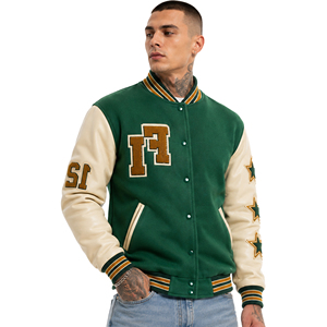 Veste de sport pour homme verte avec logo brodé et numéros, manches en cuir patchwork, col rabattu, style décontracté - Product Image 2