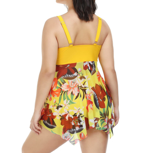 Women <b>Plus</b> <b>Size</b> Yellow Floral <b>Tankini</b> Swimwear Set With Skirt Bottom And Crossed Halter Top - Product Image 5
