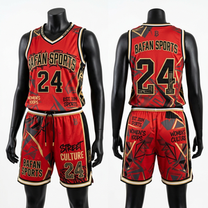Premium 180 GSM breathable mesh basketball jersey and shorts <b>red</b> black gold sublimation custom logo set - Product Image 1