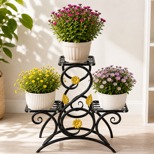 Black Metal 3 Tier Decorative <b>Plant</b> Stand with Gold Flower Accents Indoor Flower Pot Rack for Home Garden Display Holder - Product Image 6
