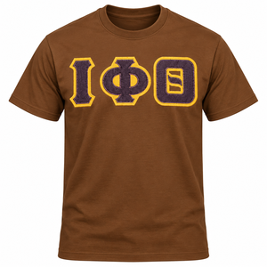 T-shirt marron pour homme Iota Phi Theta, broderie de lettres grecques or et violet, col rond, manches courtes, en coton, décontracté, pour fraternité - Product Image 3