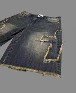Shorts cargo en denim épais 100% coton, style urbain, taille mi-haute, deux couleurs, avec bordure patchwork effet usé - Product Image 4