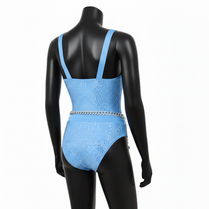 Traje de Baño para Mujer, 225 GSM, Tela de Poliéster y Spandex de Alta Elasticidad, Azul Hielo, Panel con Tachuelas, Logotipo Estampado - Product Image 4