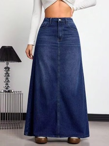 Women High Waist <b>Denim</b> Skirt Casual A-Line Ankle-Length Button Front <b>Stretch</b> Eco-Friendly Worsted Fabric Solid Knitted All - Product Image 1
