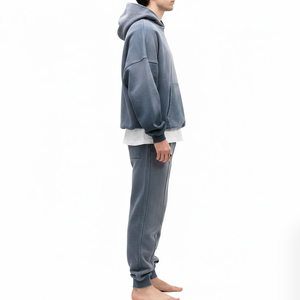 Vintage Streetwear Distressed Oversized Embroidery Hoodie And Sweatpants Track Suit Set Custom Acid Wash Tracksuits For Men - Product Image 3