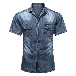 Camisa de Mezclilla de Verano para Hombre, Manga Corta, Algodón Suave, Transpirable, Corte Regular, Estilo Vintage Lavado, Camisa Formal con Doble Bolsillo - Product Image 3