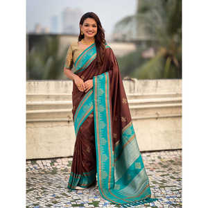 Sari de Seda Suave Tradicional Elite Weaves con Diseño de Zari en Contraste Color Café, Elegante Bufanda Color Café con Intrincado Diseño Tejido en Oro - Product Image 6