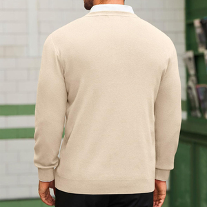 Pull en tricot beige pour homme avec fermeture boutonnée, manches longues - Product Image 3