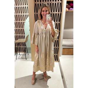 Vestido Kaftán Beige de Lujo para Mujer, con Estampado Dorado, Estilo Boho, Holgado, Tejido de Punto, Ecológico, con Borlas, para Verano - Product Image 1