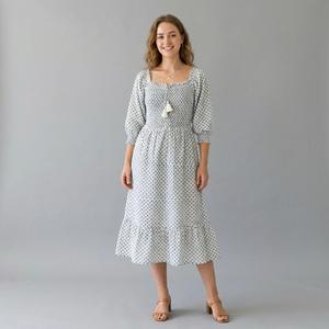 Vestido Midi Vintage para Mujer, 100% Algodón, Estampado a Mano, Cintura Natural, Tejido Transpirable, Sostenible y Atemporal - Product Image 1