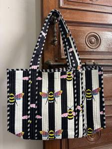 Bolso Tote de Hombro de Moda para Mujer, Azul a Rayas, Acolchado, de Algodón, con Estampado Preppy, Ligero, de 18 Pulgadas, con Cierre de Cremallera y Bolsillos Interiores, para Verano - Product Image 2