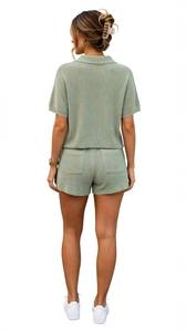 <b>Women's</b> <b>2</b> <b>Piece</b> Knit Shorts Set Short Sleeve Turn Down Collar Top Lace Up Casual Summer <b>Outfit</b> - Product Image 3