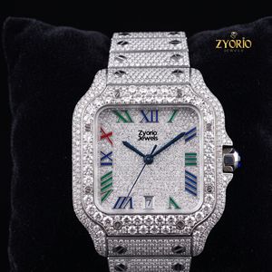 Montre mécanique de luxe carrée entièrement pavée de moissanite, cadran multicolore à chiffres romains, bracelet en acier inoxydable - Product Image 1