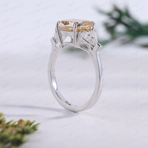 White Gold Lab Grown <b>Cushion</b> Cut Diamond <b>Ring</b> with Trillion Side Stones Luxury Classic Engagement <b>Ring</b> - Product Image 4