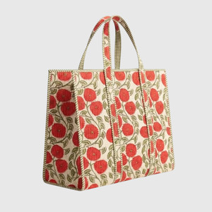 Bolso Tote de Algodón Estilo Bohemio con Estampado de Amapolas Rojas, Forro a Rayas, Parte Superior Abierta, para Compras, para Todas las Temporadas - Product Image 2