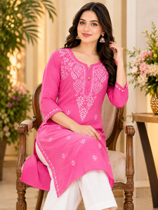 Premium Pink Georgette <b>Chikankari</b> Embroidered Straight Kurti - Authentic Lucknowi Fine Thread Work Women Festive Party Wear - Product Image 2