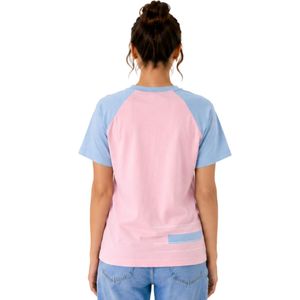 Camiseta Raglán Rosa y Azul Cielo para Mujer, Diseño de Bloques de Color con Estampado de Líneas Abstractas, Cuello Redondo, Manga Corta, Poliéster y Algodón, Informal, OEM - Product Image 2