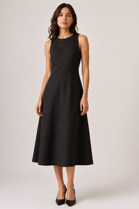 Vestido de Verano Elegante, Negro, Sin Mangas, a Media Pantorrilla, Recto, Informal, de Algodón Satinado, con Estampado a Mano, Transpirable - Product Image 6