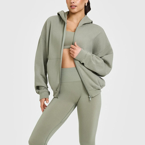 Wholesale Custom Blank Women's <b>Zip</b> up <b>Hoodie</b> Custom Logo Puff Print Oversize Zipper Ribbed Cuffs <b>Hoodie</b> With Kangaroo <b>Pockets</b> - Product Image 6