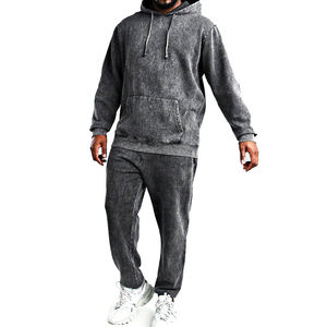 Men's Acid Wash Charcoal Grey Hoodie & Jogger Tracksuit <b>Set</b> – Oversized Premium Cotton Fleece <b>Loungewear</b> - Product Image 1