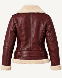 Chaqueta de Aviador de Piel Genuina de Primera Calidad para Mujer, Abrigo de Invierno Cálido Estilo Motero con Cierre de Cremallera y Detalle de Cinturón - Product Image 3