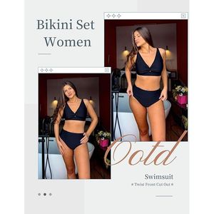 Costume da bagno bikini a due pezzi da donna con vita alta, arricciature, cut-out frontale a torsione e spalline regolabili – Comodo e confortevole - Product Image 2