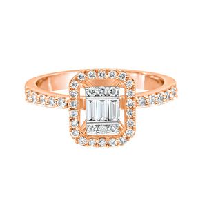 Anillo de Lujo de Oro Rosa de 14K con Diamantes de Corte Esmeralda y Halo, Engaste Ilusión Baguette, Pavé, Anillo de Boda y Compromiso para Mujer - Product Image 1