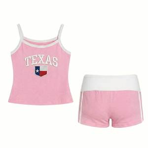 ชุดเซ็ตเสื้อกล้ามและกางเกงขาสั้นสีชมพูพิมพ์ลาย Texas สำหรับผู้หญิง 2 ชิ้น สไตล์ลำลอง ผ้าโพลีเอสเตอร์/คอตตอน สำหรับฤดูร้อน - Product Image 5