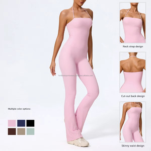 Body de yoga rosa con cuello halter y fruncido, de cintura alta, sin mangas, de una pieza, para mujer, ropa deportiva. - Product Image 2