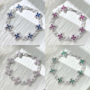 Pulsera de tenis de lujo con moissanita y diseño de flor de trébol, pulsera de eslabones plateados con incrustaciones de piedras de colores, joyería floral para mujer, idea de regalo - Product Image 6