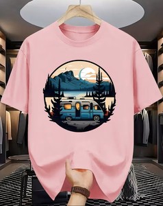 Pink Men's T-Shirt With Van And Mountain Scene <b>Print</b> Short Sleeve O-Neck Casual Style Regular Fit Digital Printed Jersey Fabric - Product Image 1