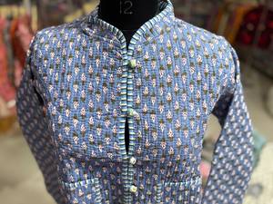 Blue <b>Quilted</b> Cotton <b>Jacket</b> Women Mandarin Collar Floral <b>Pattern</b> Full Sleeve Autumn Wear Pullover Style GIFT FOR HER - Product Image 2