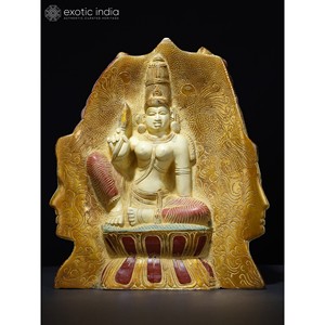 Sculpture de buste Tri-Dev colorée de 11.5 pouces en laiton avec Devi sur le dos pour la maison, les cadeaux et le temple fabriqués en Inde - Product Image 4