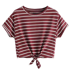 Women's Striped Crop <b>Top</b> O-Neck <b>Cap</b> <b>Sleeve</b> Loose Fit Knitted Casual Spring Summer Bow Detail - Product Image 1