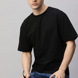 T-shirt pour homme en coton 100% noir à col rond et manches courtes, coupe classique, décontracté, couleur unie, jersey tricoté, teinture unie - Product Image 1