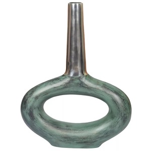 Vase de table contemporain en bronze Moon Vessel, design géométrique fait main, finition patine verte, hauteur 39 cm, sculpture décorative - Product Image 1