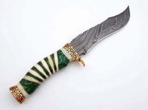 Handcrafted Damascus Steel Recurve Utility <b>Knife</b> Green Wood <b>Bone</b> <b>Handle</b> Brass Guard Field Tool - Product Image 1