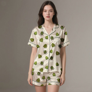 Ensemble de pyjamas pour femmes élégants imprimés 2025, vêtements de nuit en soie satinée de luxe à manches longues - Product Image 2