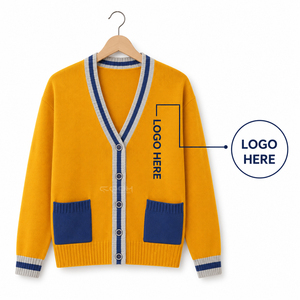 เสื้อคาร์ดิแกนคอวีถักไหมพรมสีมัสตาร์ด ยี่ห้อ Cosh International Acrylic พร้อมโลโก้แบบกำหนดเองสำหรับกลุ่มเพื่อนร่วมงาน ตกแต่งขอบตัดสี และมีกระเป๋า - Product Image 5
