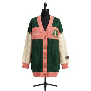 Cárdigan de Invierno para Mujer, Color Verde y Rosa, con Bloques de Color, Tejido, Bordado, con Botones al Frente, Manga Larga, Diseño Gráfico, Informal, a la Moda - Product Image 2