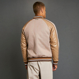 <b>Men</b>’s Premium Beige Varsity <b>Jacket</b> Button-Up Baseball Bomber with Contrast <b>Leather</b> Sleeves Custom Logo <b>Men's</b> Premium <b>Jackets</b> - Product Image 2