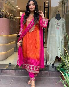 Última moda Maruti pesado Chinon bordado trabajo Kurti conjunto con Dupatta indio y paquistaní boda ropa bordado inferior - Product Image 3
