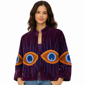 Purple Velvet <b>Quilted</b> <b>Jacket</b> Floral <b>Pattern</b> Stand Collar Open Stitch Closure Full Sleeve Breathable Cotton Lining Women's Autumn - Product Image 1